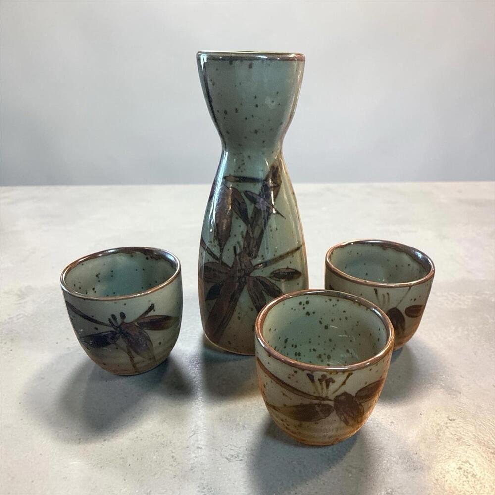 Pier 1 Sake Ceramic Decanter Plus 3 cups Green Brown Asian